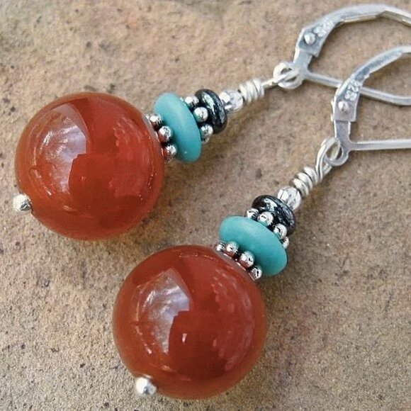 Carnelian Earrings Southwestern Sterling Silver Leverbacks - Picture 4 of 8